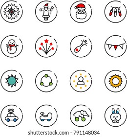 line vector icon set - firework vector, santa claus, garland, snowman, champagne, flag, sun, community, star man, car toy, baby, elephant wheel, rabbit