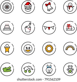 line vector icon set - firework vector, santa claus, bell, snowman, cake, champagne, flag garland, sleigh gift, success, money smile, sun, rainbow, crocodile, elephant wheel, toy rabbit, bear