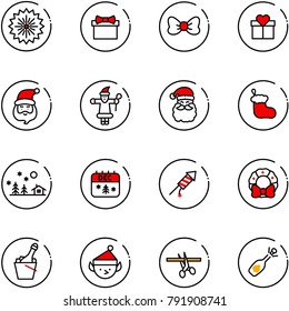 line vector icon set - firework vector, gift, bow, santa claus, christmas sock, landscape, calendar, rocket, wreath, champagne, elf, opening, fizz