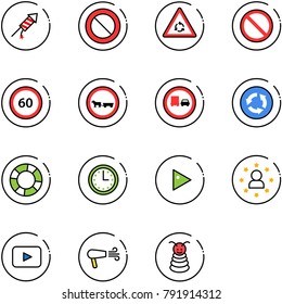 line vector icon set - firework rocket vector, prohibition road sign, round motion, speed limit 60, no cart horse, truck overtake, circle, lifebuoy, time, play, star man, playback, dryer