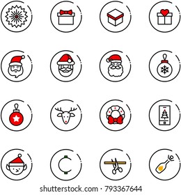 line vector icon set - firework vector, gift, santa claus, christmas ball, deer, wreath, mobile, elf, cent, opening, fizz