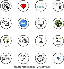 line vector icon set - firework vector, heart, pool, insurance, card pay, bus road sign, network folder, target, globe, open, chess queen, win, joystick wireless, bezier, sun power, record button