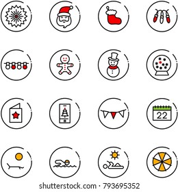 line vector icon set - firework vector, santa claus, christmas sock, garland, cake man, snowman, snowball, star postcard, mobile, flag, calendar, lounger, swimming, reading, parasol