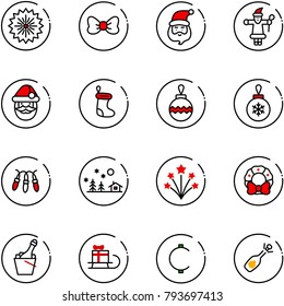 line vector icon set - firework vector, bow, santa claus, christmas sock, ball, garland, landscape, wreath, champagne, sleigh gift, cent, fizz opening