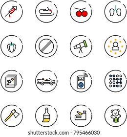 line vector icon set - firework rocket vector, snowmobile, rowanberry, lungs, sweet pepper, no limit road sign, telescope, star man, photo, cabrio, music player, circuit, axe, brush, stapler