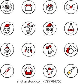 line vector icon set - firework vector, gift, bow, santa claus, christmas ball, garland, bell, gloves, rocket, wreath, deer hat, fizz opening
