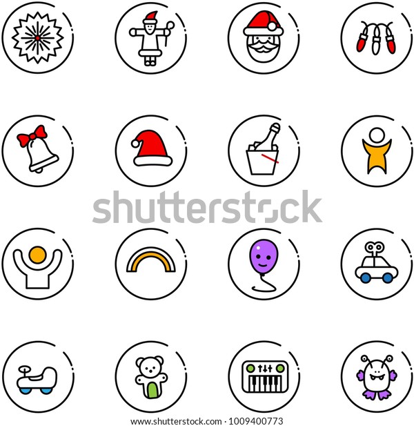 line vector icon set -\
firework vector, santa claus, garland, bell, christmas hat,\
champagne, success, rainbow, balloon smile, car toy, baby, bear,\
piano, monster