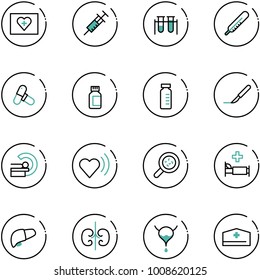line vector icon set - first aid kit vector, syringe, vial, thermometer, pills, bottle, scalpel, mri, heart beat, bacteria, hospital bed, liver, kidneys, bladder, doctor hat