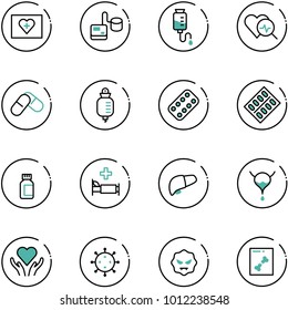 line vector icon set - first aid kit vector, tonometer, drop counter, heart diagnosis, pills, blister, bottle, hospital bed, liver, bladder, care, virus, x ray