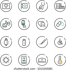 line vector icon set - first aid kit vector, room, stethoscope, hospital building, tonometer, drop counter, heart diagnosis, pills, vial, scalpel, disabled, virus, mobile monitor, doctor hat