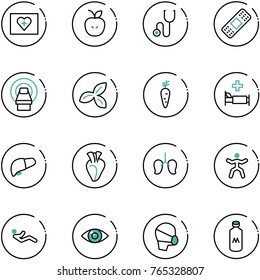 line vector icon set - first aid kit vector, apple, stethoscope, medical patch, mri, three leafs, carrot, hospital bed, liver, heart, lungs, gymnastics, abdominal muscles, eye, mask, milk