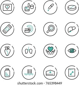 line vector icon set - first aid kit vector, tonometer, pipette, pill, medical patch, mri, bacteria, liver, heart, lungs, care, eye, pills bottle, pool, doctor hat, x ray