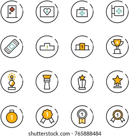 line vector icon set - first aid room vector, kit, doctor bag, medical patch, pedestal, win cup, award, gold medal