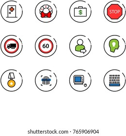 line vector icon set - first aid room vector, christmas wreath, money case, stop road sign, no truck, speed limit 60, user login, head bulb, star medal, fingerprint scanner, monoblock pc