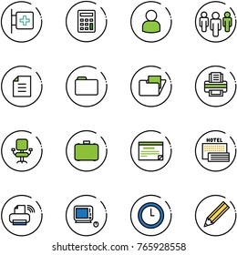 line vector icon set - first aid room vector, calculator, user, group, document, folder, printer, office chair, case, schedule, sea hotel, wireless, monoblock pc, clock, pencil