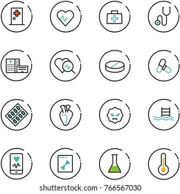 line vector icon set - first aid room vector, heart pulse, doctor bag, stethoscope, hospital building, diagnosis, pill, pills, blister, virus, pool, mobile monitor, x ray, flask, thermometer