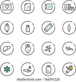 line vector icon set - first aid kit vector, diet list, room, hospital building, drop counter, pills bottle, medical patch, carrot, liver, heart, run, abdominal muscles, ambulance star, hand