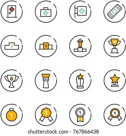 line vector icon set - first aid room vector, doctor bag, medical patch, pedestal, winner, win cup, gold, award, medal