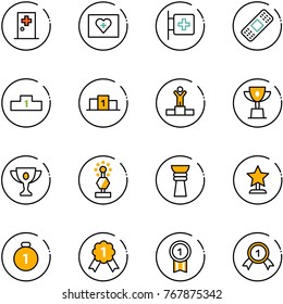 line vector icon set - first aid room vector, kit, medical patch, pedestal, winner, win cup, gold, award, medal