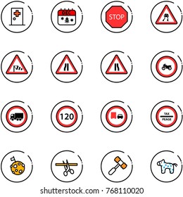 line vector icon set - first aid room vector, christmas calendar, stop road sign, slippery, side wind, narrows, no moto, truck, speed limit 120, overtake, tax peage, moon flag, opening, toy hammer