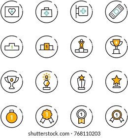 line vector icon set - first aid kit vector, doctor bag, room, medical patch, pedestal, winner, win cup, gold, award, medal