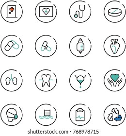line vector icon set - first aid room vector, kit, stethoscope, pill, pills, drop counter, heart, lungs, tooth, bladder, care, medical mask, pool, pulse clipboard, recycling