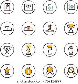line vector icon set - first aid room vector, kit, doctor bag, pedestal, winner, win cup, gold, award, medal