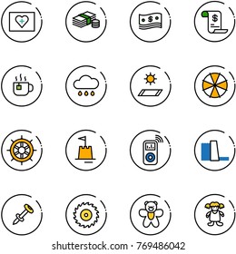 line vector icon set - first aid kit vector, cash, account history, hot tea, rain cloud, mat, parasol, hand wheel, sand castle, music player, water power plant, nail dowel, saw disk, bear toy, doll