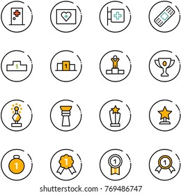 line vector icon set - first aid room vector, kit, medical patch, pedestal, winner, gold cup, award, medal