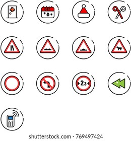 line vector icon set - first aid room vector, christmas calendar, hat, santa stick, Road narrows sign, rough, artificial unevenness, cow, prohibition, no left turn, limited width, fast backward
