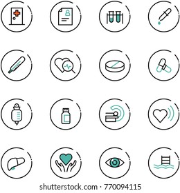 line vector icon set - first aid room vector, patient card, vial, pipette, thermometer, heart diagnosis, pill, pills, drop counter, bottle, mri, beat, liver, care, eye, pool