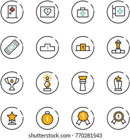 line vector icon set - first aid room vector, kit, doctor bag, medical patch, pedestal, winner, gold cup, award, medal