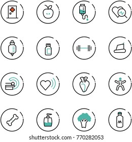 line vector icon set - first aid room vector, apple, drop counter, heart diagnosis, pills bottle, barbell, treadmill, mri, beat, gymnastics, broken bone, liquid soap, broccoli, milk