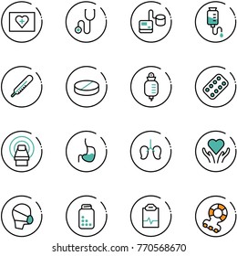 line vector icon set - first aid kit vector, stethoscope, tonometer, drop counter, thermometer, pill, pills blister, mri, stomach, lungs, heart care, medical mask, bottle, pulse clipboard, teethers