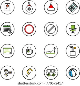 line vector icon set - first aid room vector, christmas ball, hat, pills blister, calendar, prohibition road sign, no limit, office chair, schedule, green tea, growth, win, flower, clamp, toy bus