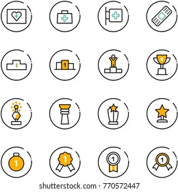 line vector icon set - first aid kit vector, doctor bag, room, medical patch, pedestal, winner, win cup, award, gold medal