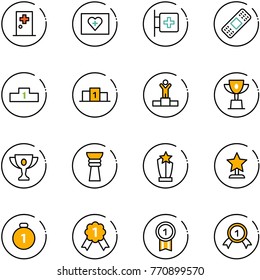 line vector icon set - first aid room vector, kit, medical patch, pedestal, winner, win cup, gold, award, medal