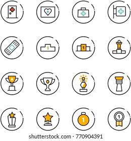line vector icon set - first aid room vector, kit, doctor bag, medical patch, pedestal, winner, win cup, gold, award, medal