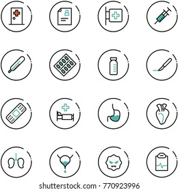 line vector icon set - first aid room vector, patient card, syringe, thermometer, pills blister, vial, scalpel, medical patch, hospital bed, stomach, heart, lungs, bladder, virus, pulse clipboard