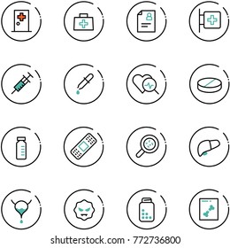 line vector icon set - first aid room vector, doctor bag, patient card, syringe, pipette, heart diagnosis, pill, vial, medical patch, bacteria, liver, bladder, virus, pills bottle, x ray