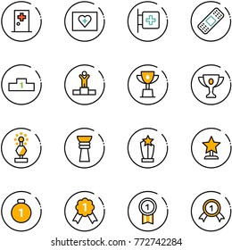 line vector icon set - first aid room vector, kit, medical patch, pedestal, winner, win cup, gold, award, medal