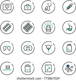 line vector icon set - first aid kit vector, doctor bag, stethoscope, syringe, pills blister, mri, stomach, lungs, kidneys, bladder, bottle, pool, pulse clipboard, x ray, molecule