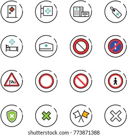 line vector icon set - first aid room vector, hospital building, medical label, bed, doctor hat, prohibition road sign, no parkin odd, side wind, pedestrian, shield cross, delete, flags