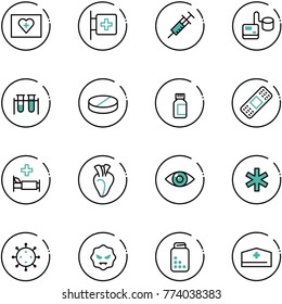 Line Vector Icon Set - First Aid Kit Vector, Room, Syringe, Tonometer, Vial, Pill, Pills Bottle, Medical Patch, Hospital Bed, Heart, Eye, Ambulance Star, Virus, Doctor Hat