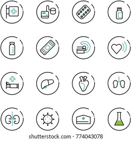 line vector icon set - first aid room vector, tonometer, pills blister, bottle, vial, medical patch, mri, heart beat, hospital bed, liver, lungs, kidneys, virus, doctor hat, flask