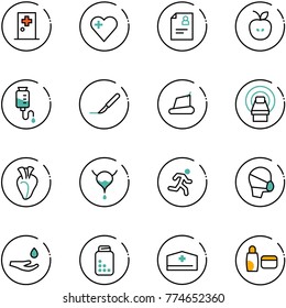 line vector icon set - first aid room vector, heart, patient card, apple, drop counter, scalpel, treadmill, mri, bladder, run, medical mask, hand, pills bottle, doctor hat, uv cream