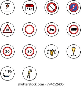 line vector icon set - first aid room vector, christmas calendar, prohibition road sign, no parkin odd, railway intersection, moto, truck, speed limit 20, 80, team leader, pennant, printer wireless