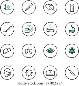 line vector icon set - first aid room vector, thermometer, heart diagnosis, vial, scalpel, mri, hospital bed, stomach, liver, lungs, eye, ambulance star, medical mask, virus, doctor hat, forceps