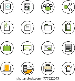 line vector icon set - first aid room vector, calculator, group, share, attachment, document, folder, clipboard, case, schedule, envelope, agreement, doors, hotel, sea, t shirt