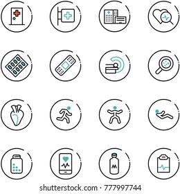 line vector icon set - first aid room vector, hospital building, heart diagnosis, pills blister, medical patch, mri, bacteria, run, gymnastics, abdominal muscles, bottle, mobile monitor, milk
